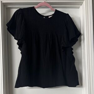 LuLaRoe Maddy Black Ruffle Sleeve Smocked Yoke Top